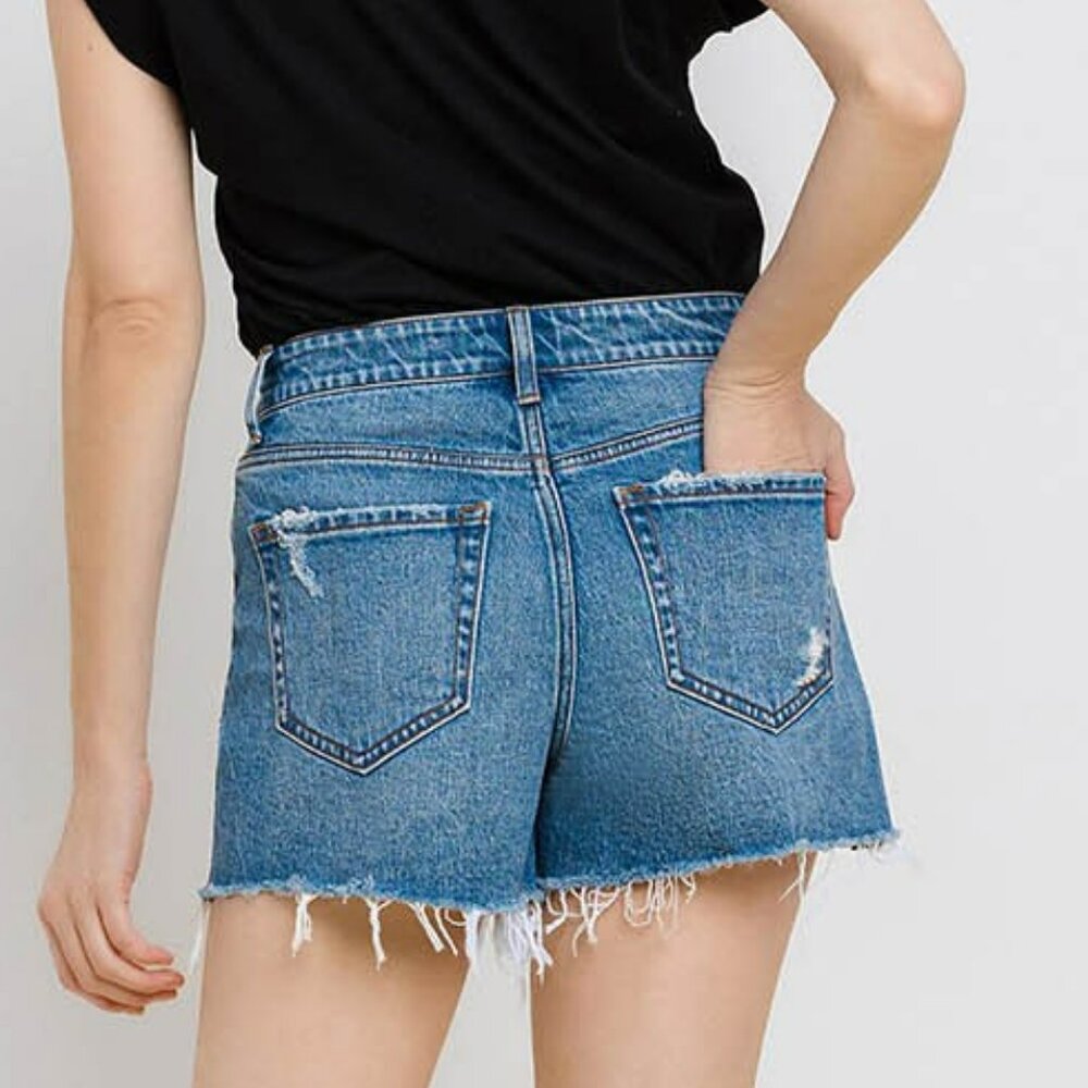 NWT Vervet by Flying Monkey High Rise Distressed Hem A-Line Shorts In Swan River - Picture 6 of 11